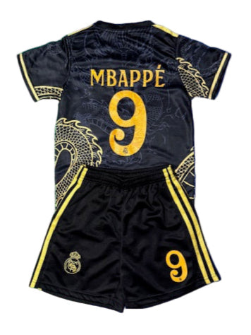 Mbappe Real Madrid Kids Black Dragon Kids Soccer Jersey Kit Youth Toddler